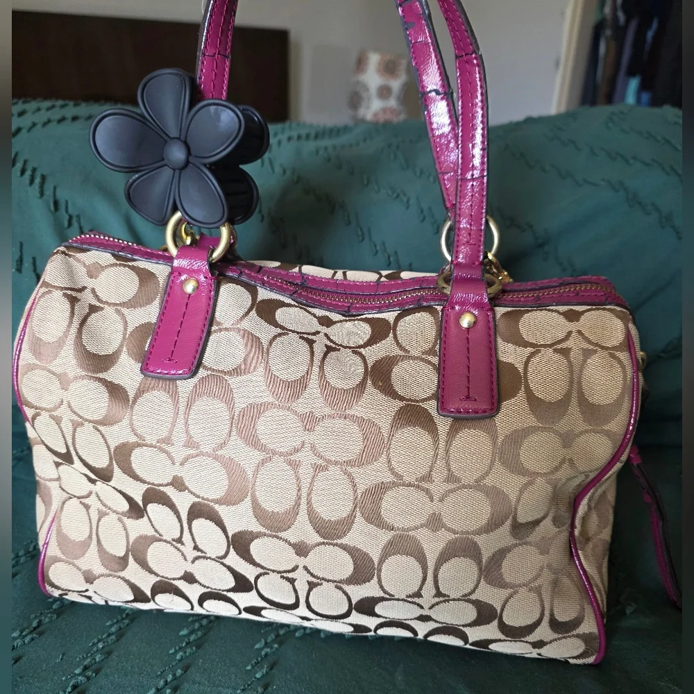 Coach Signature Python Stripe Satchel Raspberry Pink - Picture 3 of 12